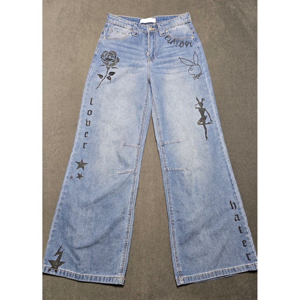 Playboy‎ Jeans Size 7 Light Wash Wide Leg Lover Hater Rose Bunny Denim 29x31